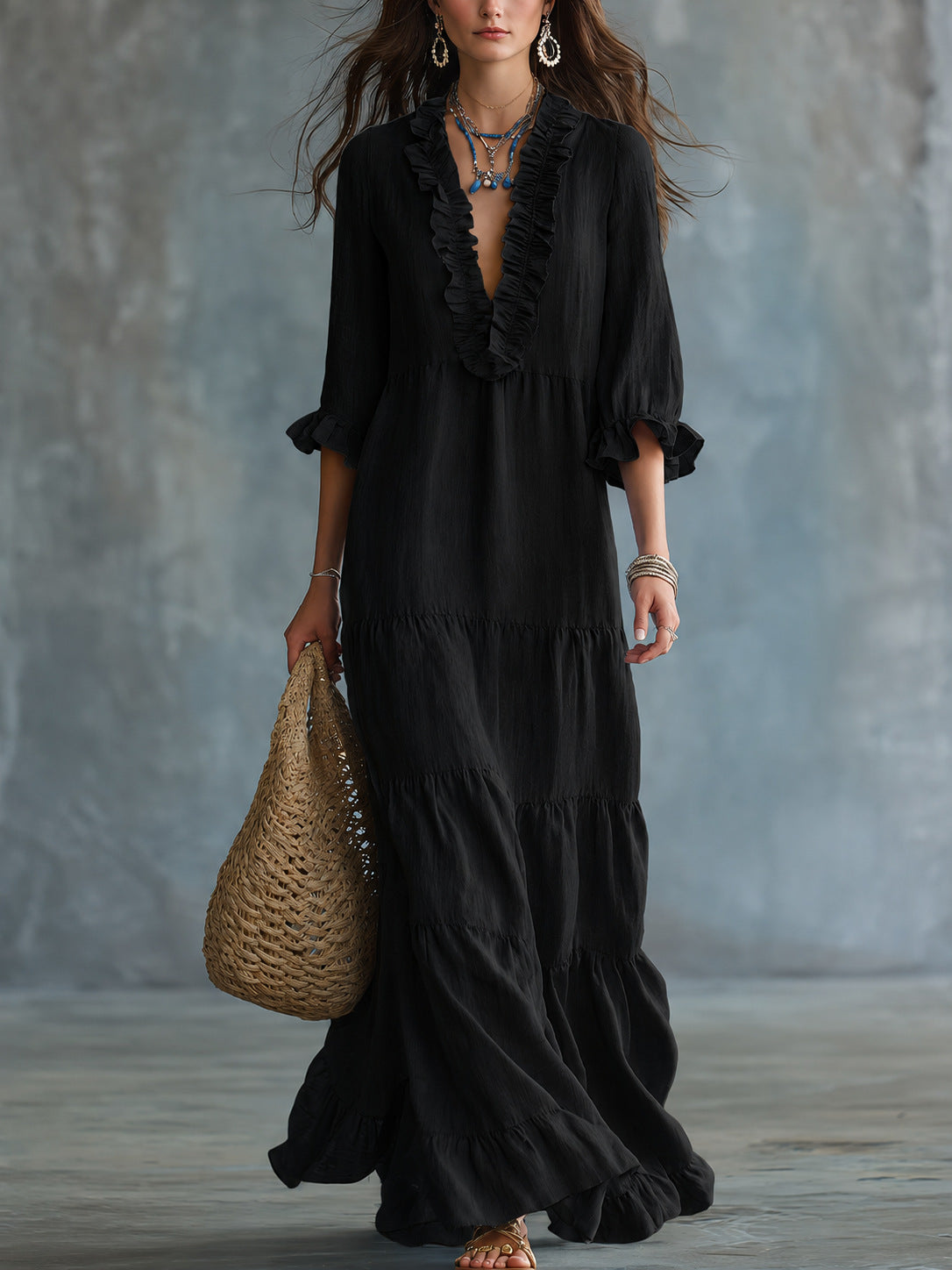 Womens V-neck Layered Casual Flowing Maxi Dress With Ruffled Hem NorixaFashion.com