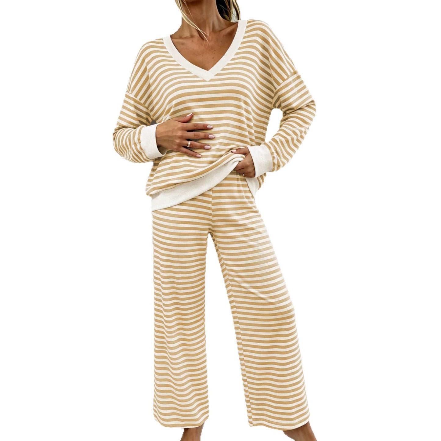 Women's Striped V Neck Loungewear Set  Loose Long Sleeve & Wide Leg Pants Soft Skin Friendly Two Piece Pajama Set NorixaFashion.com