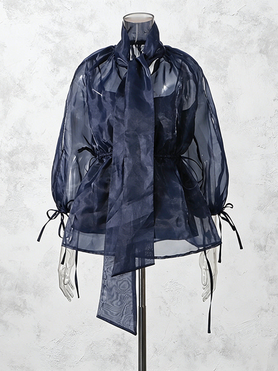 Navy Organza Bow Neck Drawstring Waist Sheer Long Sleeve Blouse NorixaFashion.com