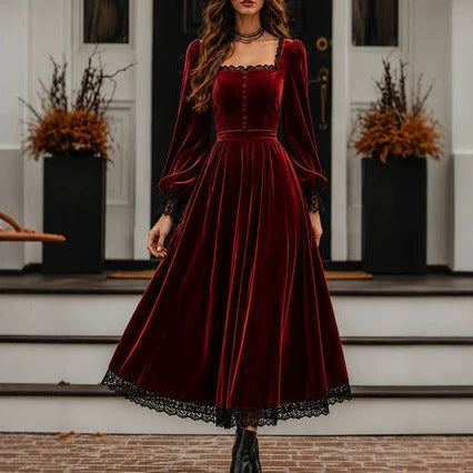 Square-neck Lace-panel Velvet Dress NorixaFashion.com