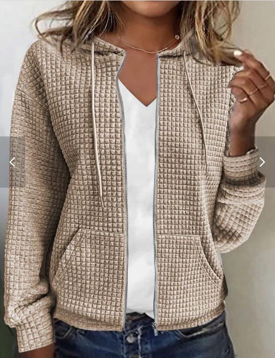 Womens Solid Color Hooded Zip Up Loose Long Sleeve Jacquard Sweatshirt NorixaFashion.com