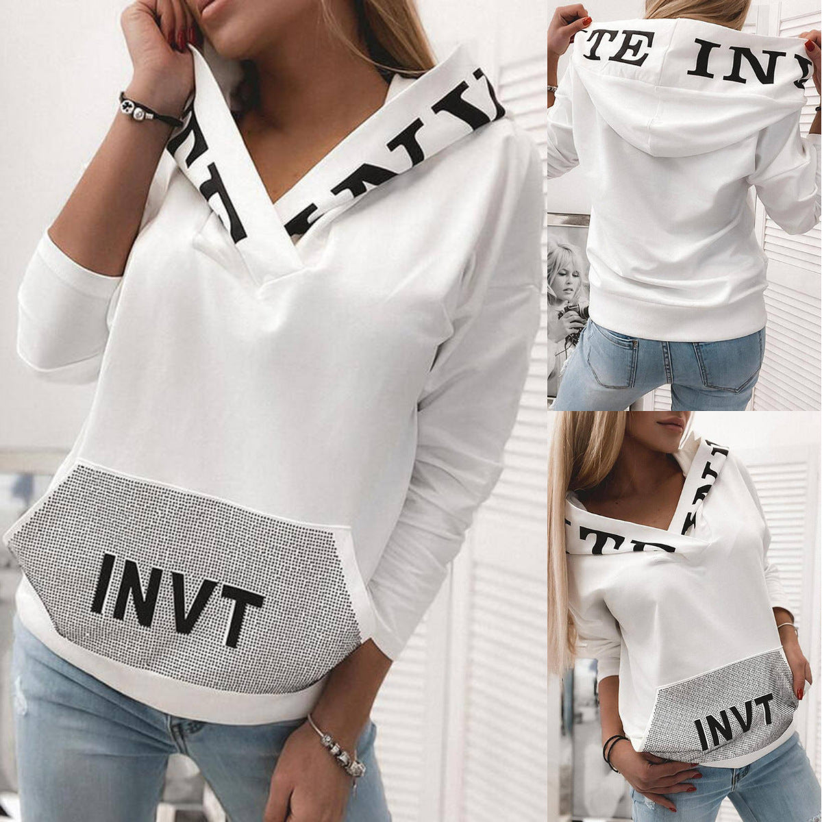 Pocket Hooded Letter Pullover Sweatshirt LadyShow.Store