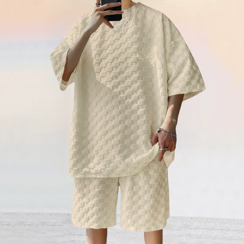 Jacquard Plaid Loose Straight Casual Shorts Suit NorixaFashion.com