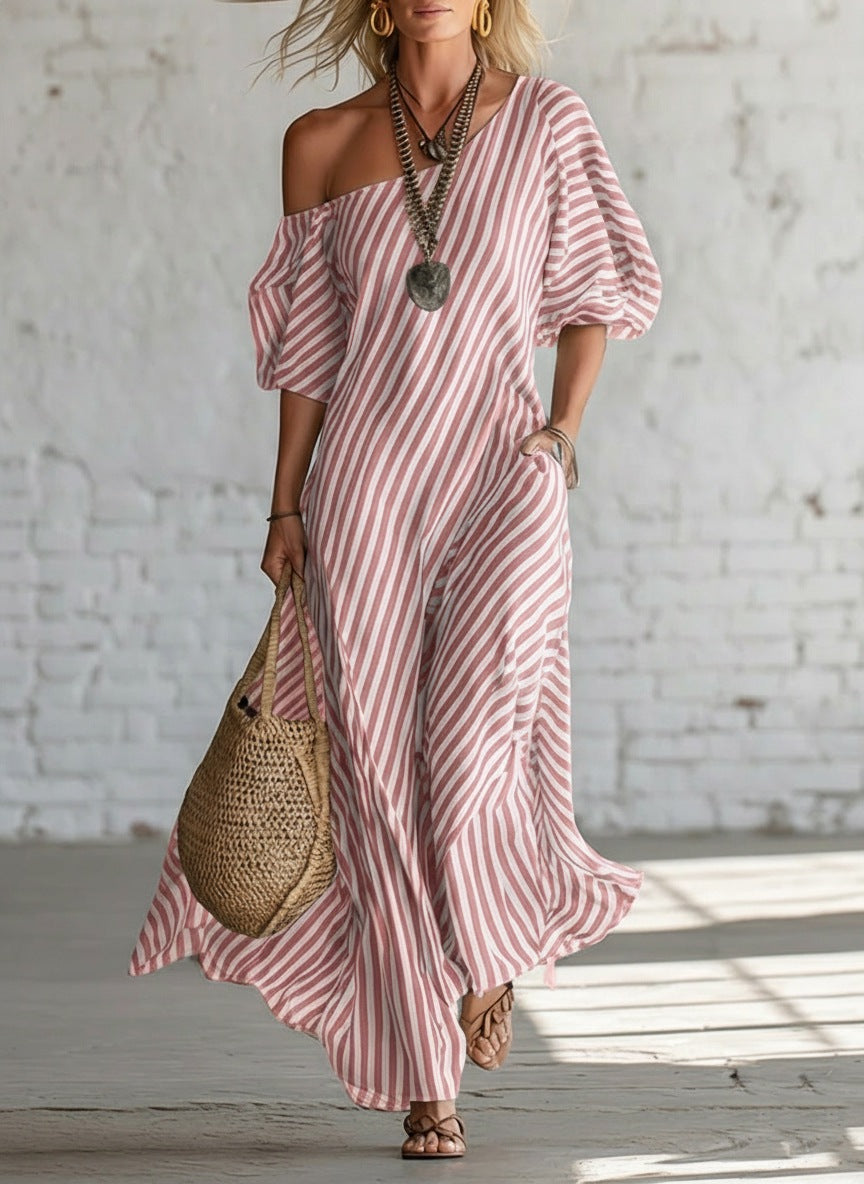 Womens Striped Off-shoulder Dress LadyShow.Store