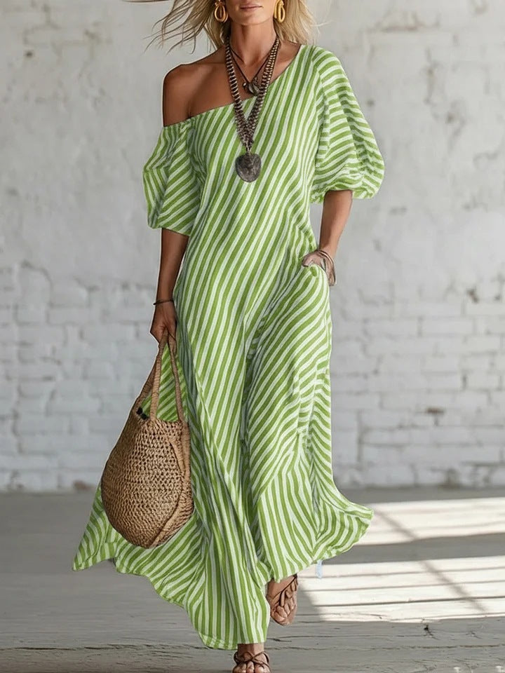 Womens Striped Off-shoulder Dress LadyShow.Store