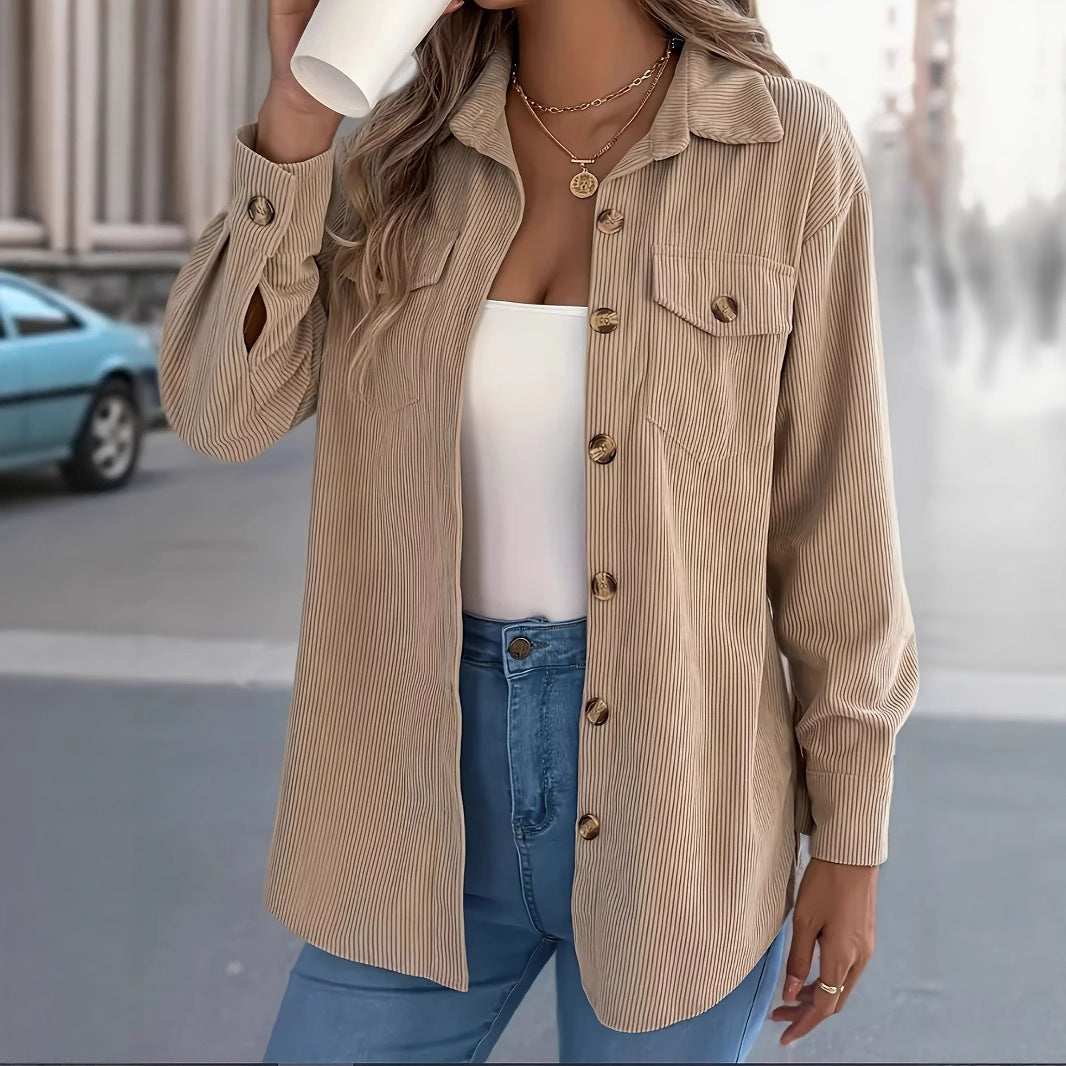 European And American Corduroy Striped Mid-length Coat Shirt NorixaFashion.com