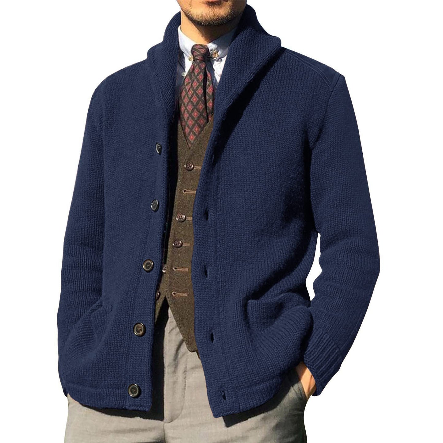 New Sweater Men's Euro American Solid Long Sleeve Knitted Cardigan LadyShow.Store