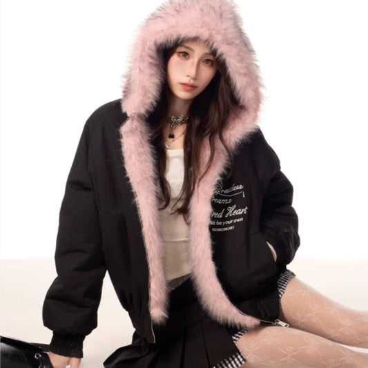 Vintage Plush Hooded Reversible Cotton-padded Coat Best YouTube Store