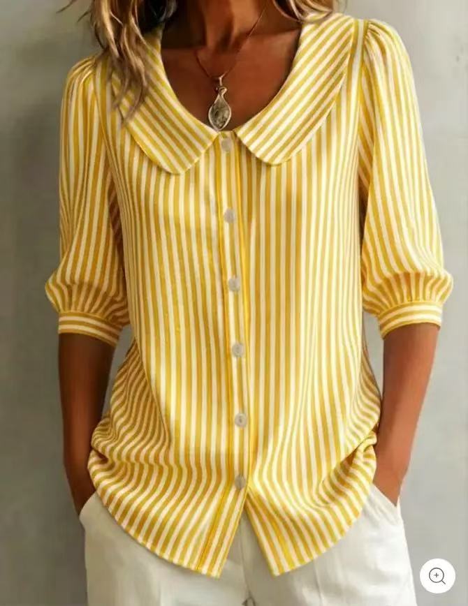 Mid-sleeve Striped V-neck Shirt Top T-shirt Womens Clothing LadyShow.Store