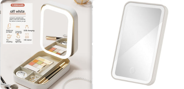 Makeup Storage Box With LED Light Mirror Portable Travel Makeup Cosmetics Storage Box Touch Light Storage Organizer LadyShow.Store