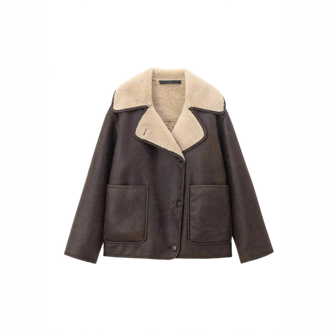 Women's Clothing Retro Lapels Fur Integrated Loose Jacket Best YouTube Store