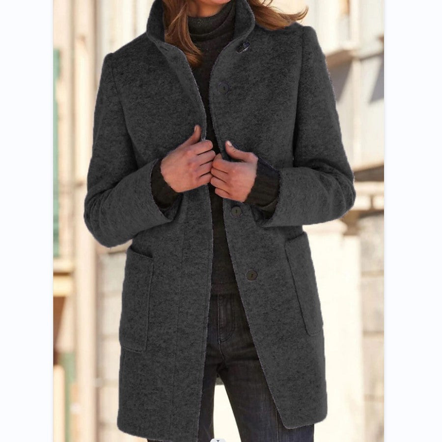 Women's Stand Collar Woolen Coat - Slim Fit Fall and Winter Button Front Trench Coat with Pockets Best YouTube Store