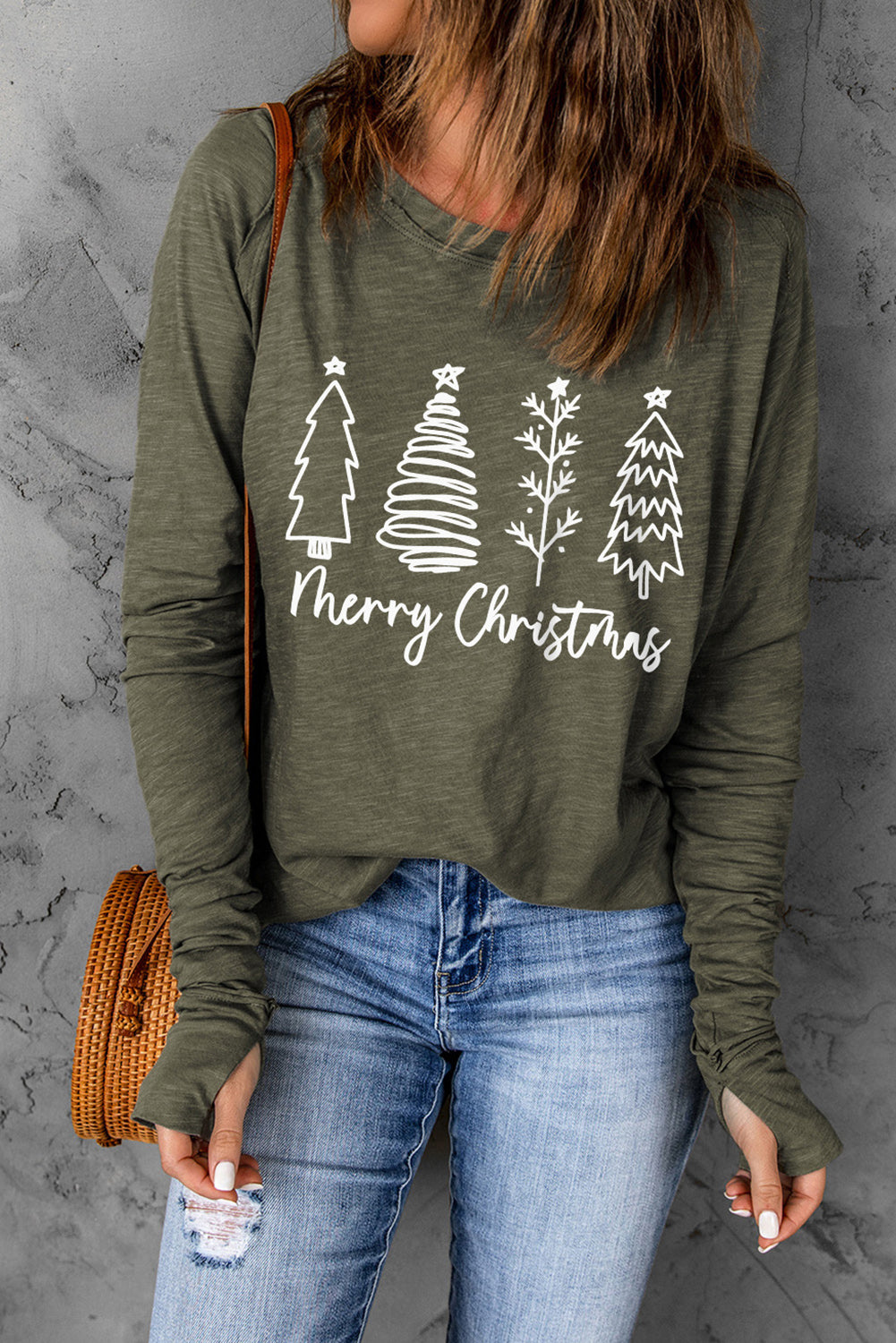 Thea Merry Christmas Trees Thumbhole Sleeve Graphic Tee LuxuryLifeWay Online Store