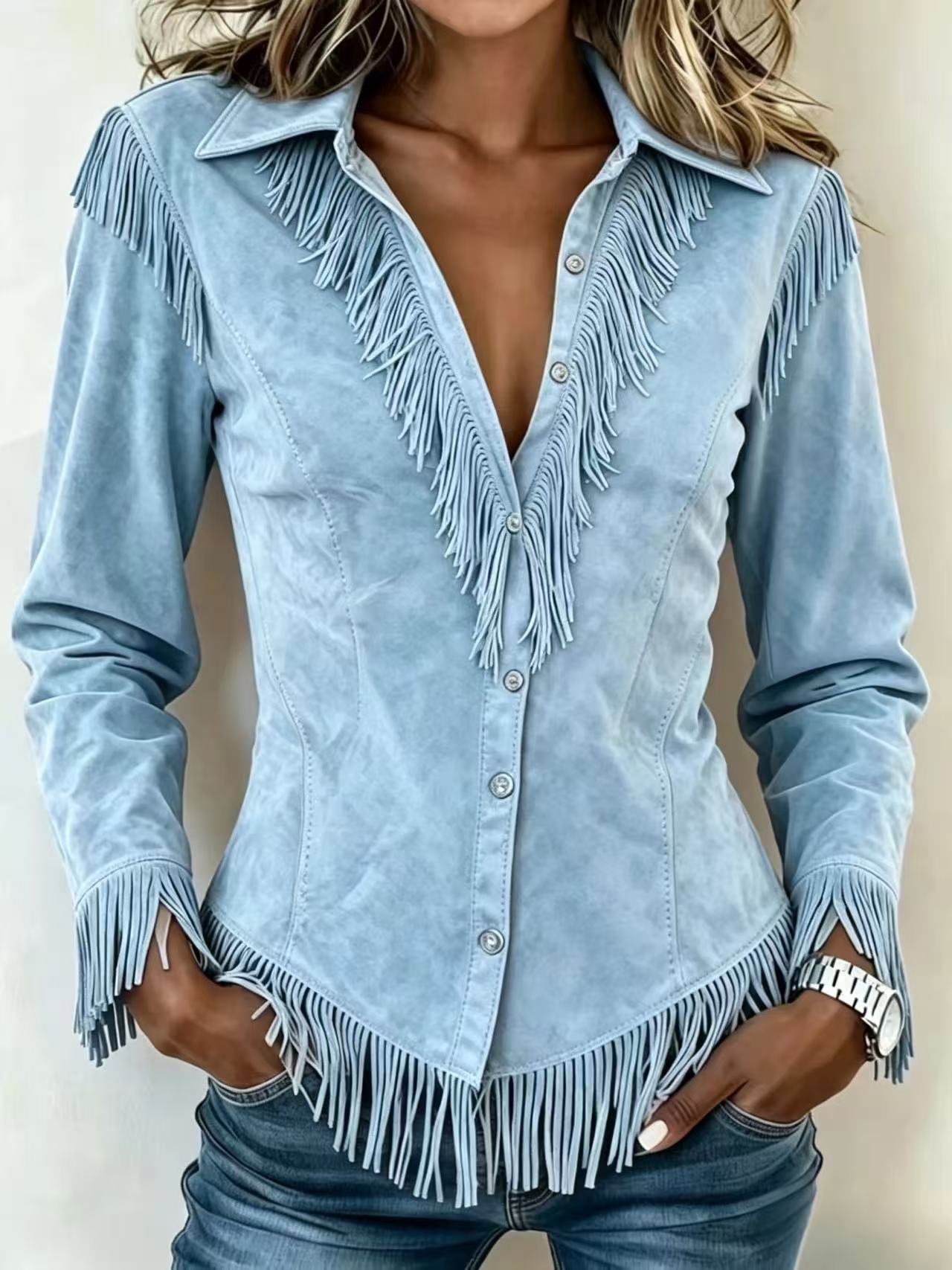Western Cowboy-Style Suede Fringe Slim-Fit Long-Sleeve Shirt NorixaFashion.com