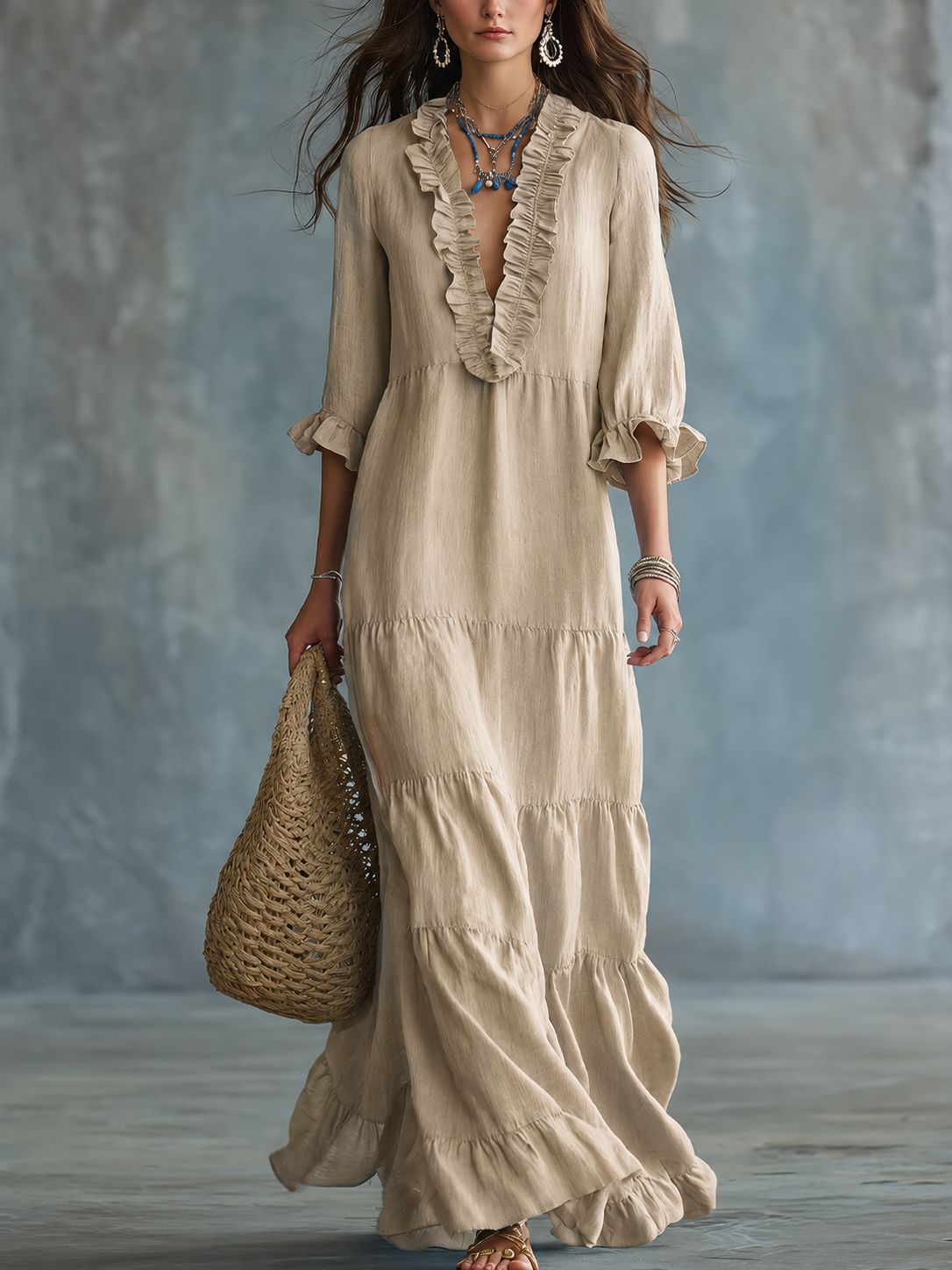 Womens V-neck Layered Casual Flowing Maxi Dress With Ruffled Hem NorixaFashion.com