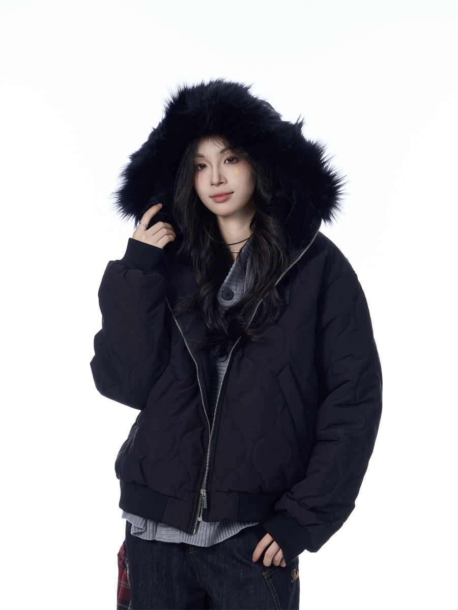 American Retro Rhombus Fur Collar Cotton Cardigan Hooded Cotton Jacket Best YouTube Store