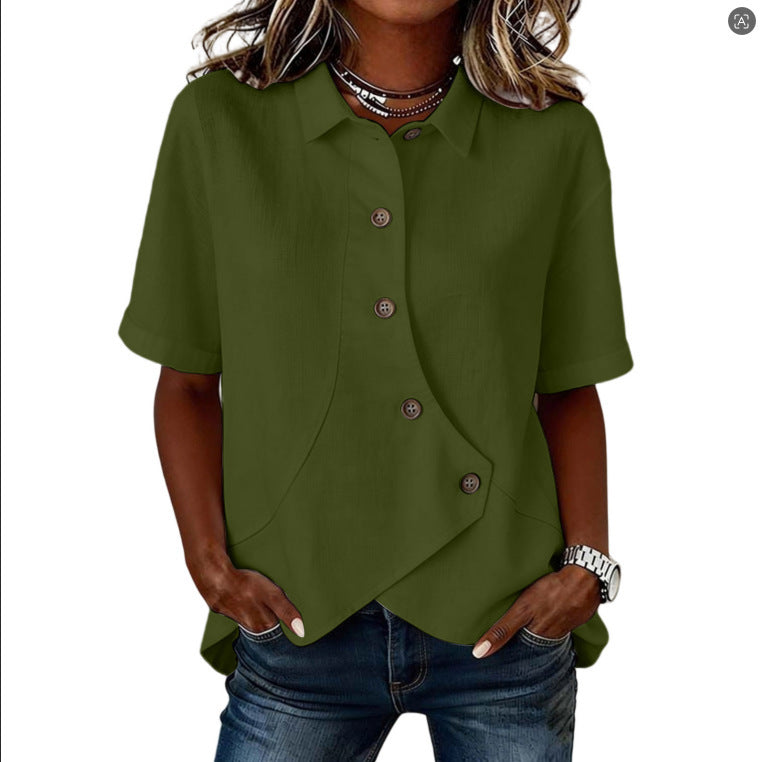 Summer Asymmetrical Shirt Solid-color Loose-fitting Lepal Tops Women's Clothing NorixaFashion.com