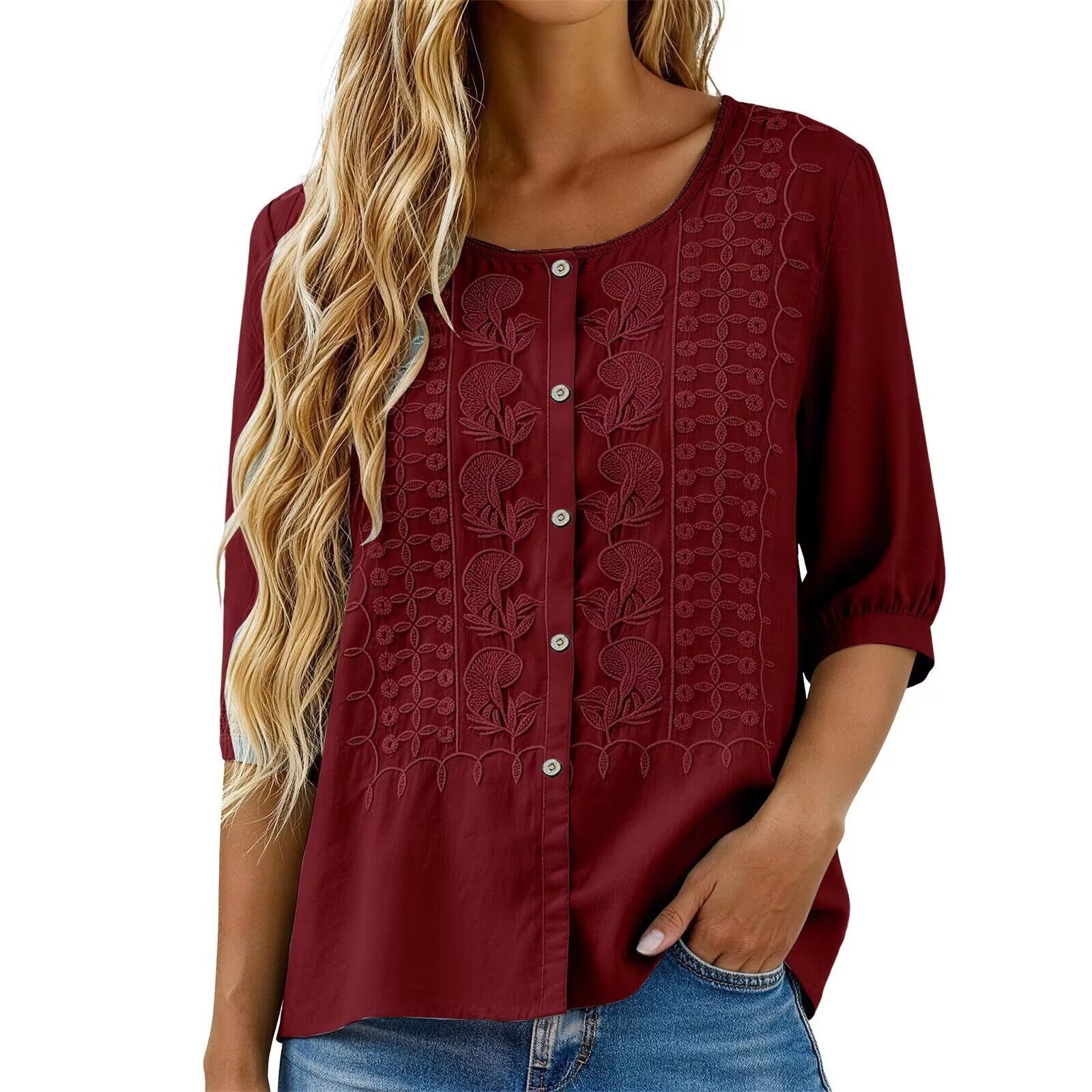 V-Neck Short Sleeve Cotton Linen Shirt, Heavy Embroidery Casual Blouse NorixaFashion.com