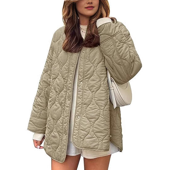 European And American Style Chic String Decoration Simple Solid Color Round Neck Loose Cotton Coat LadyShow.Store