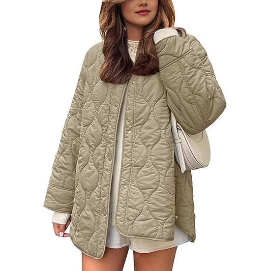 European And American Style Chic String Decoration Simple Solid Color Round Neck Loose Cotton Coat LadyShow.Store