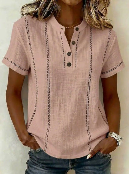 Summer Striped Short-Sleeve Shirts Casual Stand-Collar V-neck Button Blouse Womens Clothing LadyShow.Store