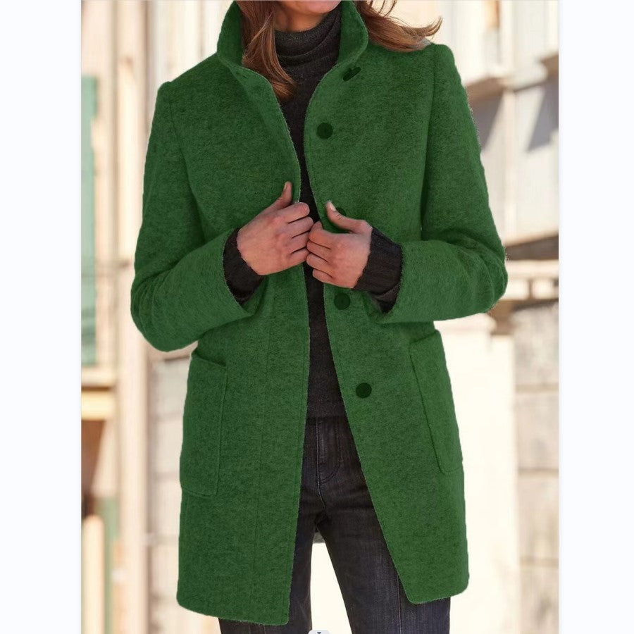 Women's Stand Collar Woolen Coat - Slim Fit Fall and Winter Button Front Trench Coat with Pockets Best YouTube Store