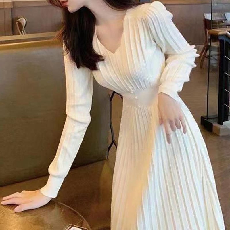 High-waisted Dress With V-neck Long Sleeve For Women LadyShow.Store