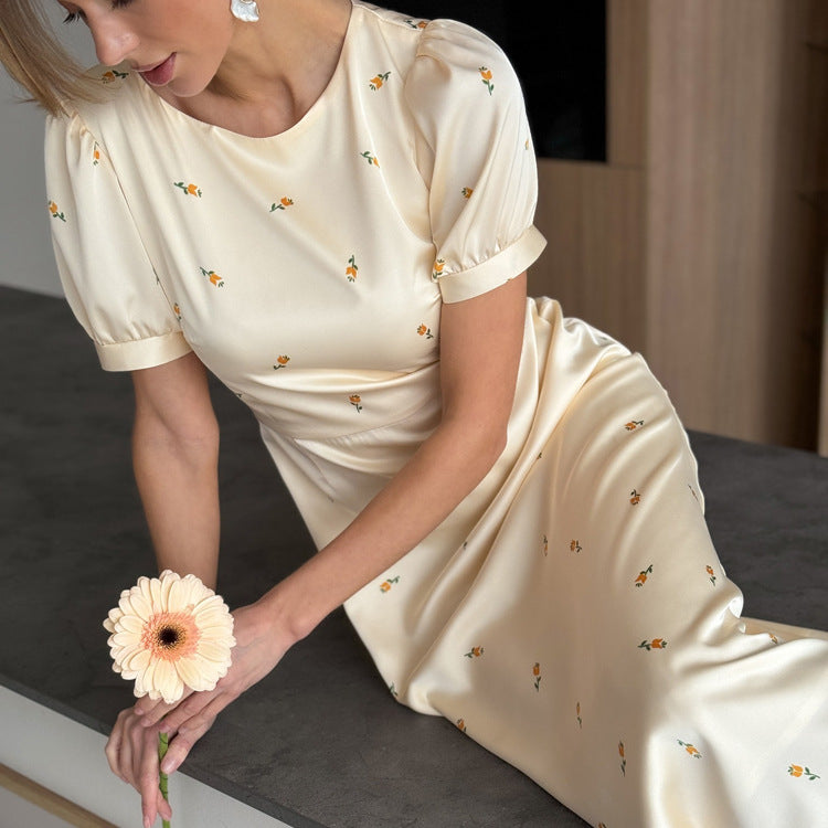 Cream Yellow Floral Print Satin Midi Dress NorixaFashion.com