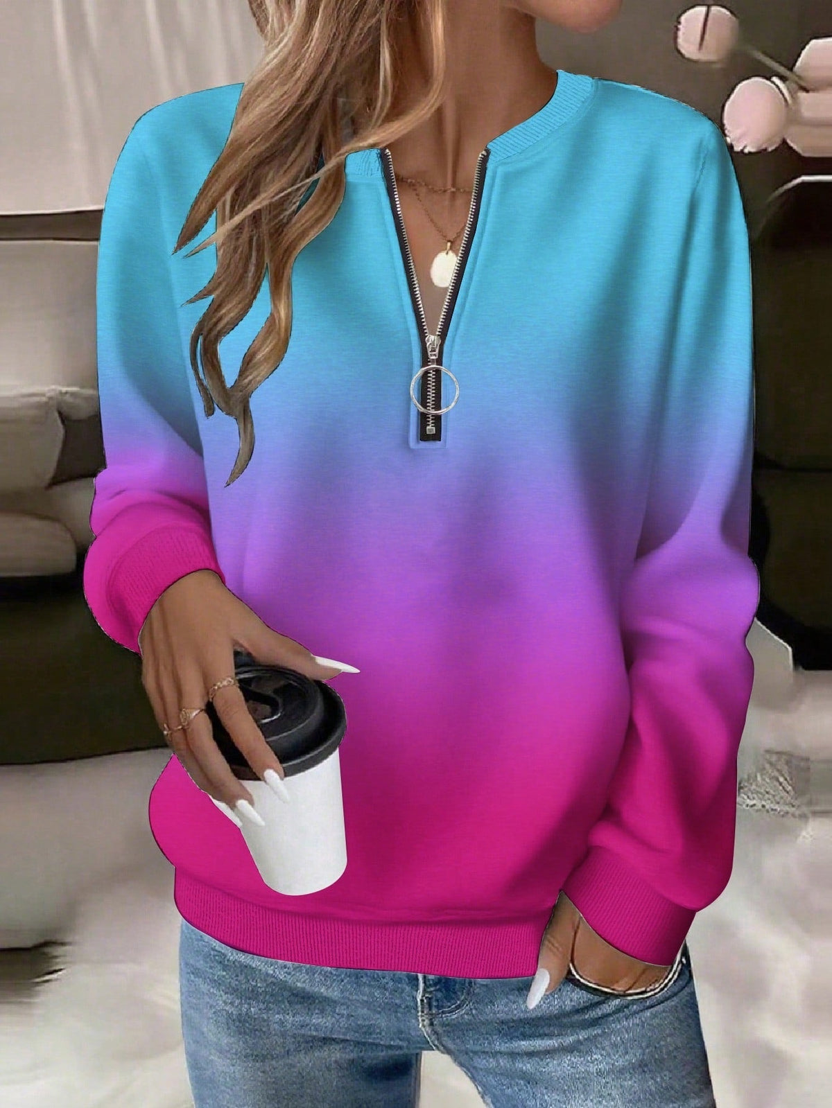 2026 Fashion European And American Trend New Loose HalfZip Casual Women's Long Sleeve Hoodie NorixaFashion.com