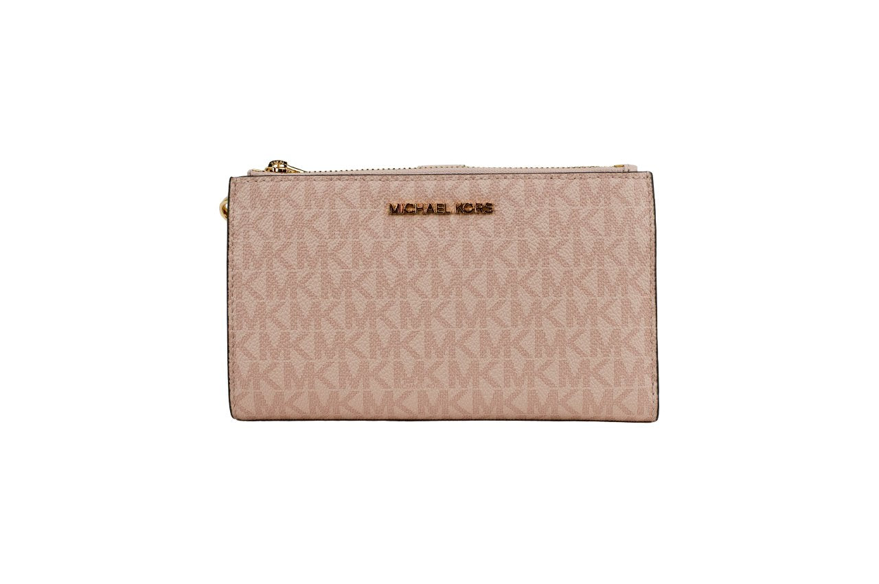 Michael Kors Jet Set Travel Dark Powder Blush PVC Large Double Zip Wrist Wallet LadyShow.Store