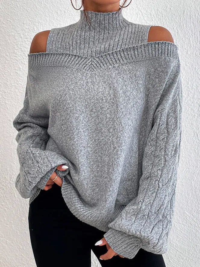 Off-the-shoulder Sweater Women's Pullover Half Turtleneck Autumn And Winter New Lantern Sleeve Sweater NorixaFashion.com