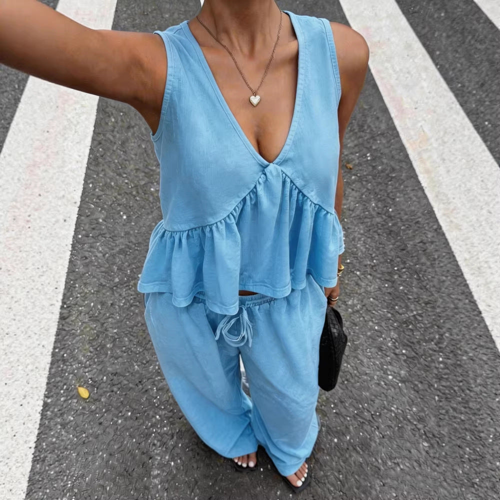 Women's Casual V-Neck Sleeveless Top And Pants Set NorixaFashion.com