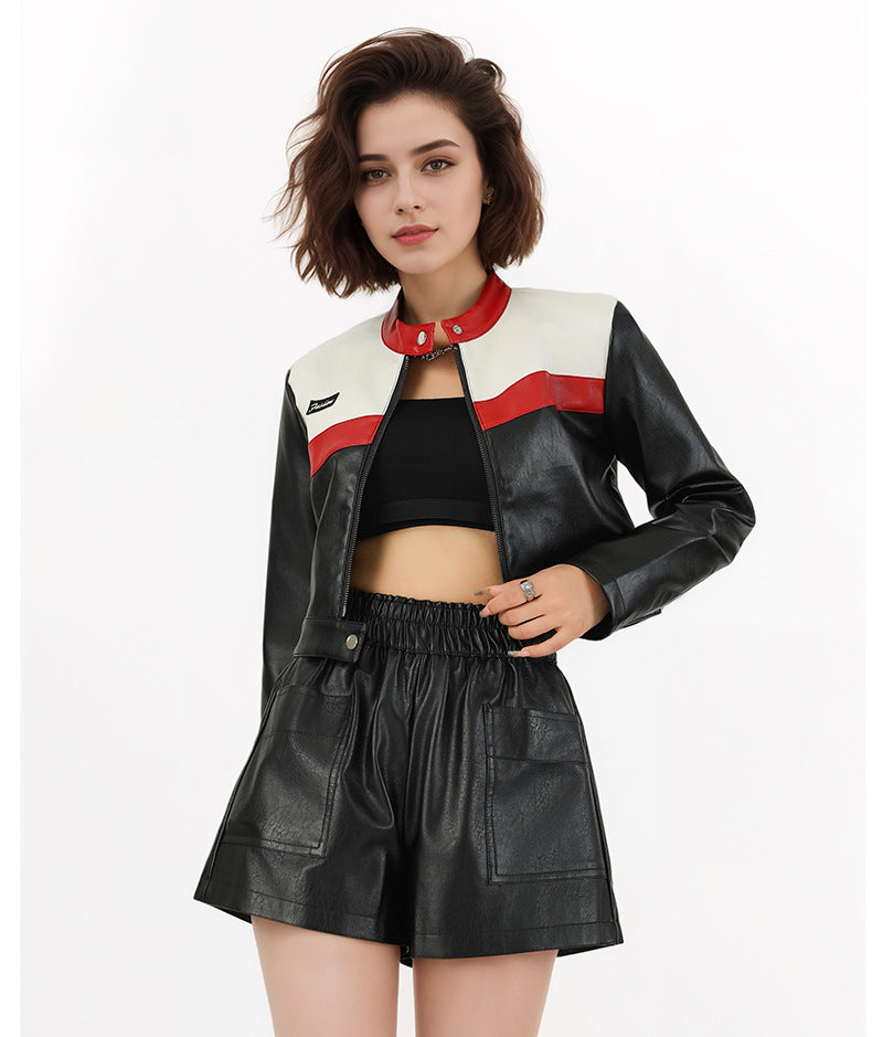 New Color Contrast Patchwork Motorcycle Clothing Pilot Jacket Short Version Coat LadyShow.Store