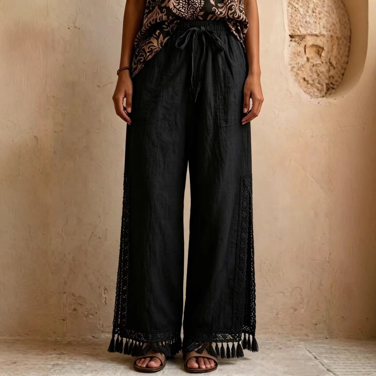 Side-slit Lace Tassel Bohemian-style Wide-leg Vacation Pants NorixaFashion.com