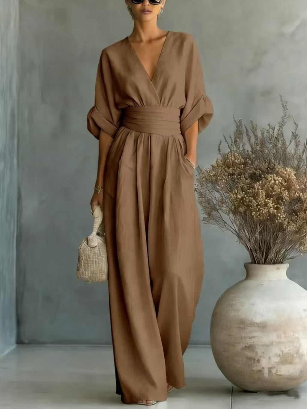 Elegant Waist-cinching V-neck Slimming Chic Jumpsuit For Women NorixaFashion.com