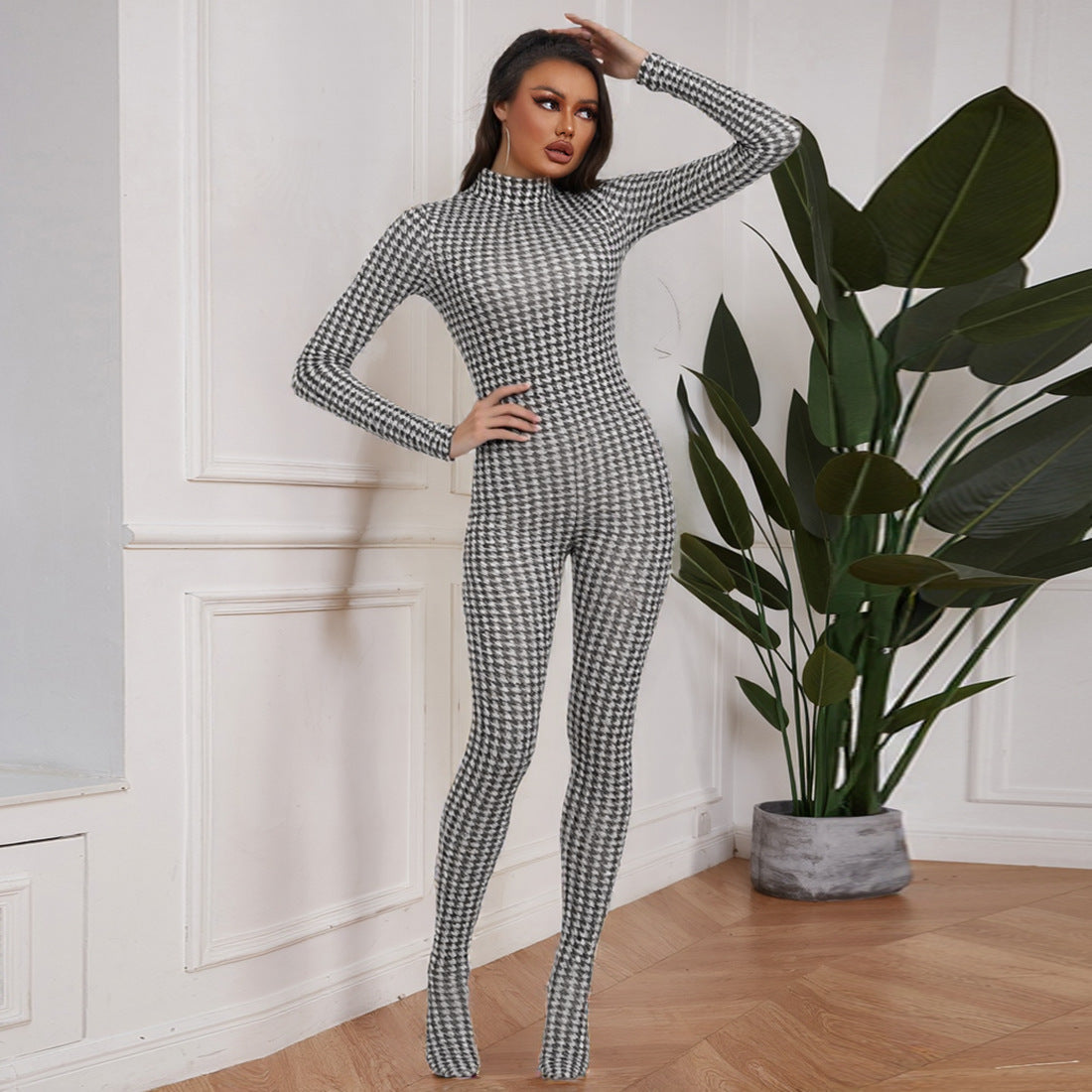 European And American Style Fashion Printed High-neck Long-sleeve Sexy High-waist Slim Jumpsuit LadyShow.Store