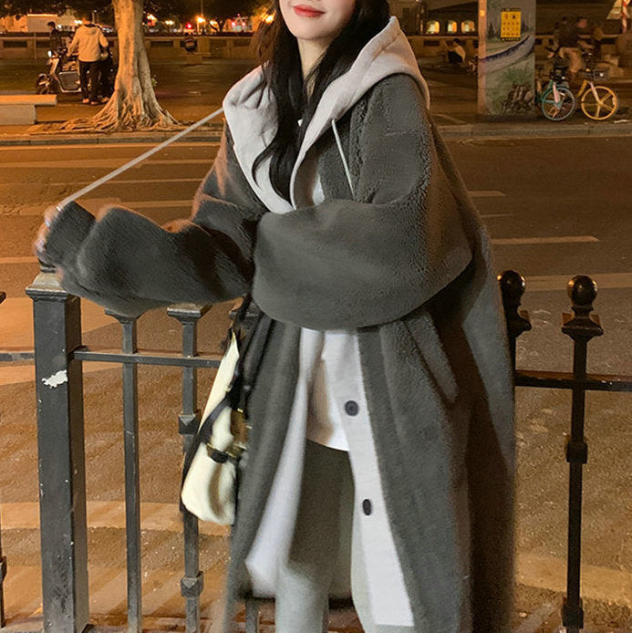 Long Hooded Dress Coat Lambswool All-match Loose Fashionable Jacket LuxuryLifeWay Online Store