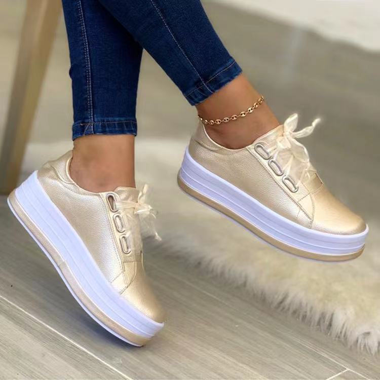 Single Large Size Casual European And American Lace-up Flat Round Toe Platform Women's Shoes CJD
