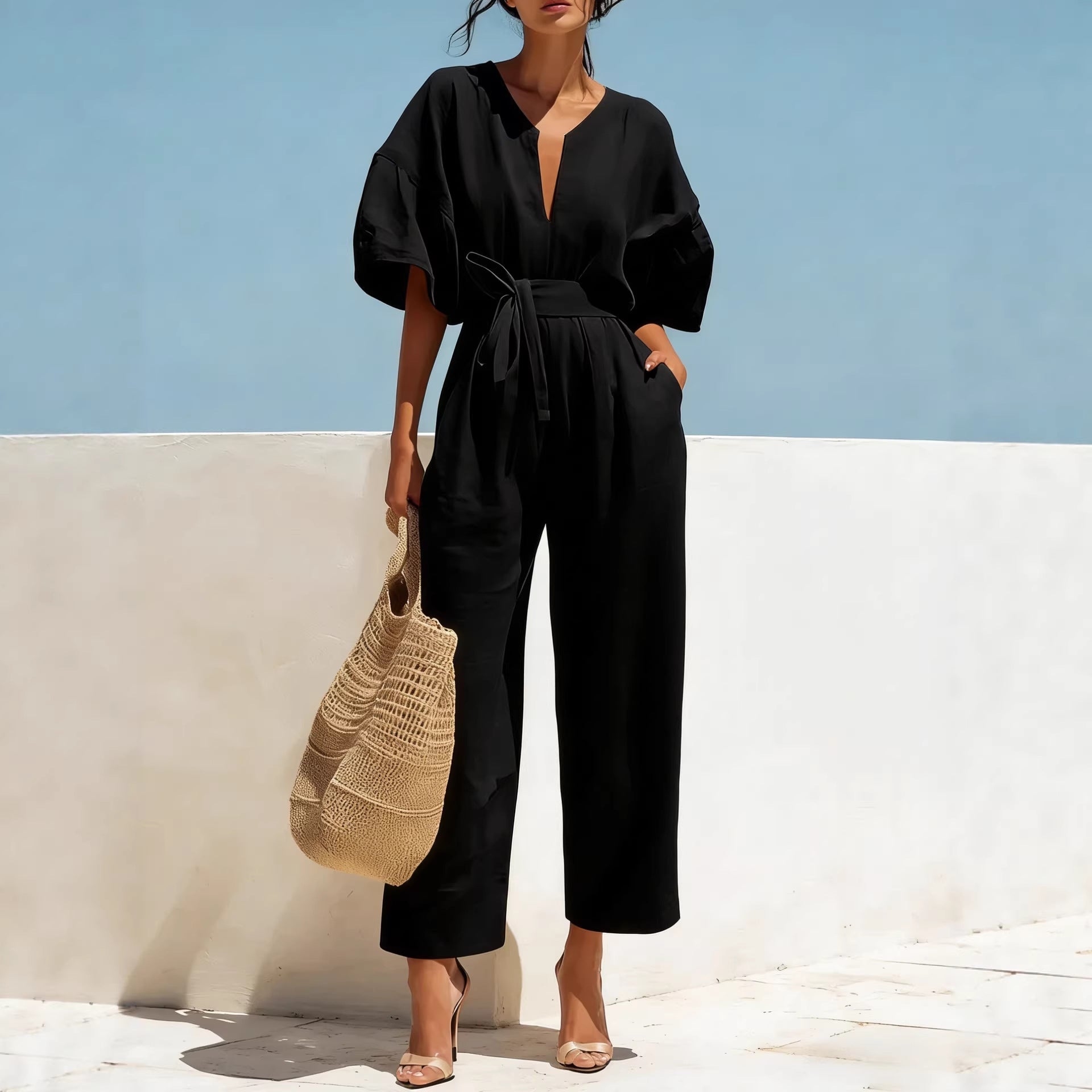 Fashionable V-Neck Solid Color Cotton-Linen Jumpsuit For Women LadyShow.Store