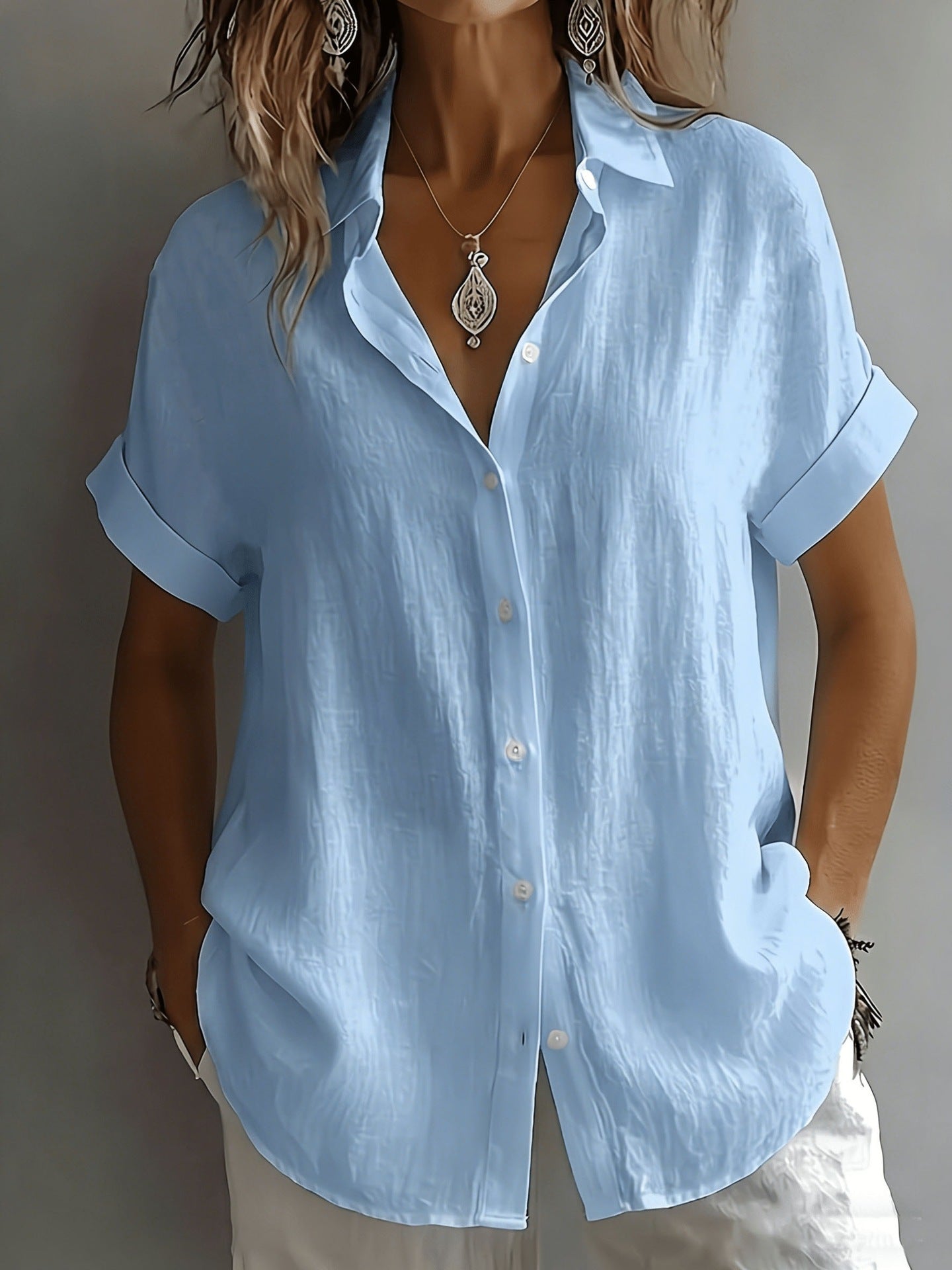 Womens Breathable Pleated-texture Casual Blouse NorixaFashion.com