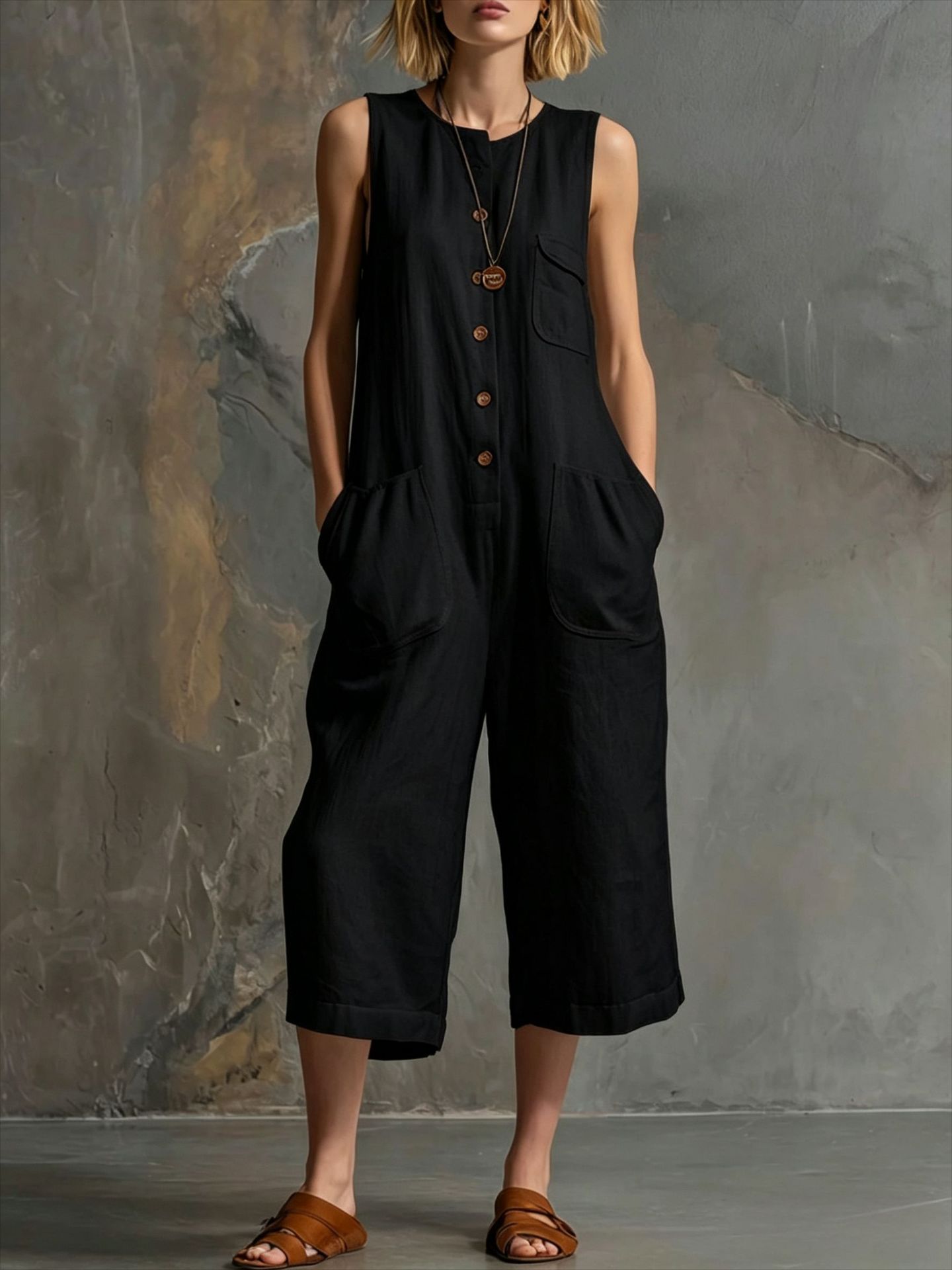 Retro Sleeveless Cotton-Linen Wide-Leg Cropped Jumpsuit LadyShow.Store