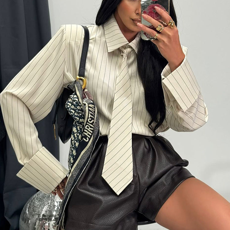 Commuter Striped Tie Collared Long-sleeved Shirt NorixaFashion.com