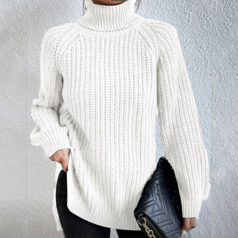 Turtleneck Pullover Sweater With Split Design Fashion Simple Solid Color Long Sleeve Tops Women's Clothing LadyShow.Store