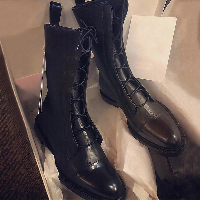 Mid-tube Locomotive Boots Lace-up Black Low-heeled LadyShow.Store