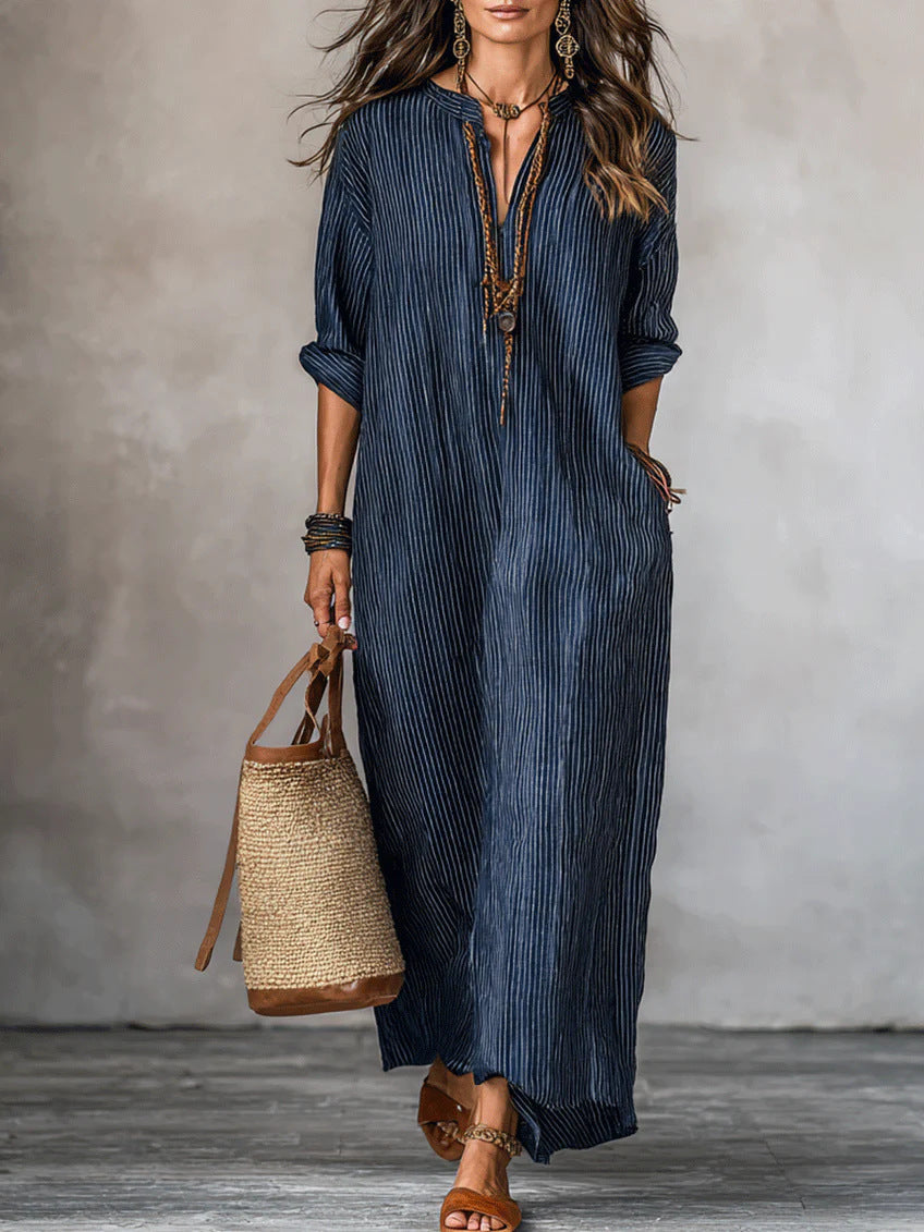 Fashionable V-neck Striped Loose-fit Dress NorixaFashion.com