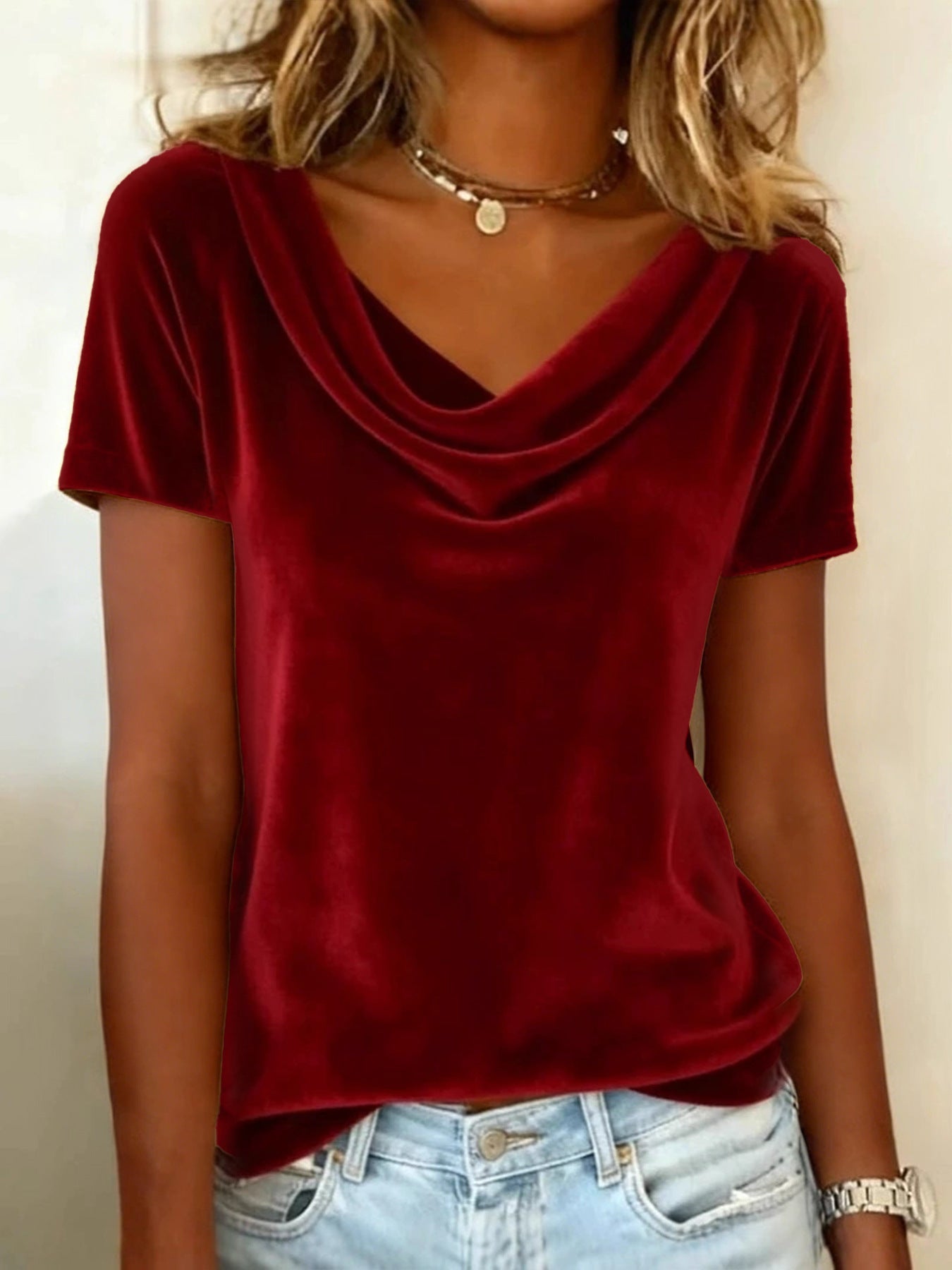 Womens New Solid-Colored Scoop-Neck Short-Sleeve Sexy Velvet T-Shirt LadyShow.Store
