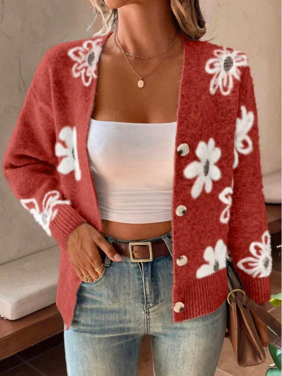 Flowers Print Button Front Cardigan NorixaFashion.com