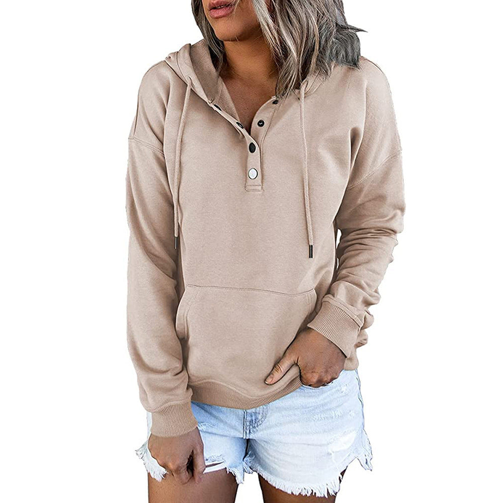 Long-sleeved Hooded Sweatshirt With Pockets Fashion Casual Button Drawstring Design Hoodie Top Spring And Autumn Sports Clothing For Women LadyShow.Store