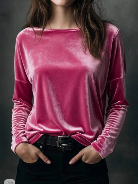 Female Solid Color Loose Fit Crew-neck Pullover Velvet T-shirt LadyShow.Store