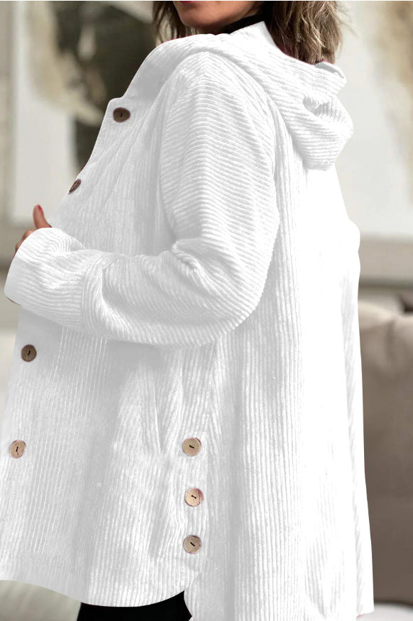 Women's Corduroy Hooded Jacket Fashion Warm Pockets Button Mid-length Top Casual Fall Winter Outwear Clothing LuxuryLifeWay Online Store